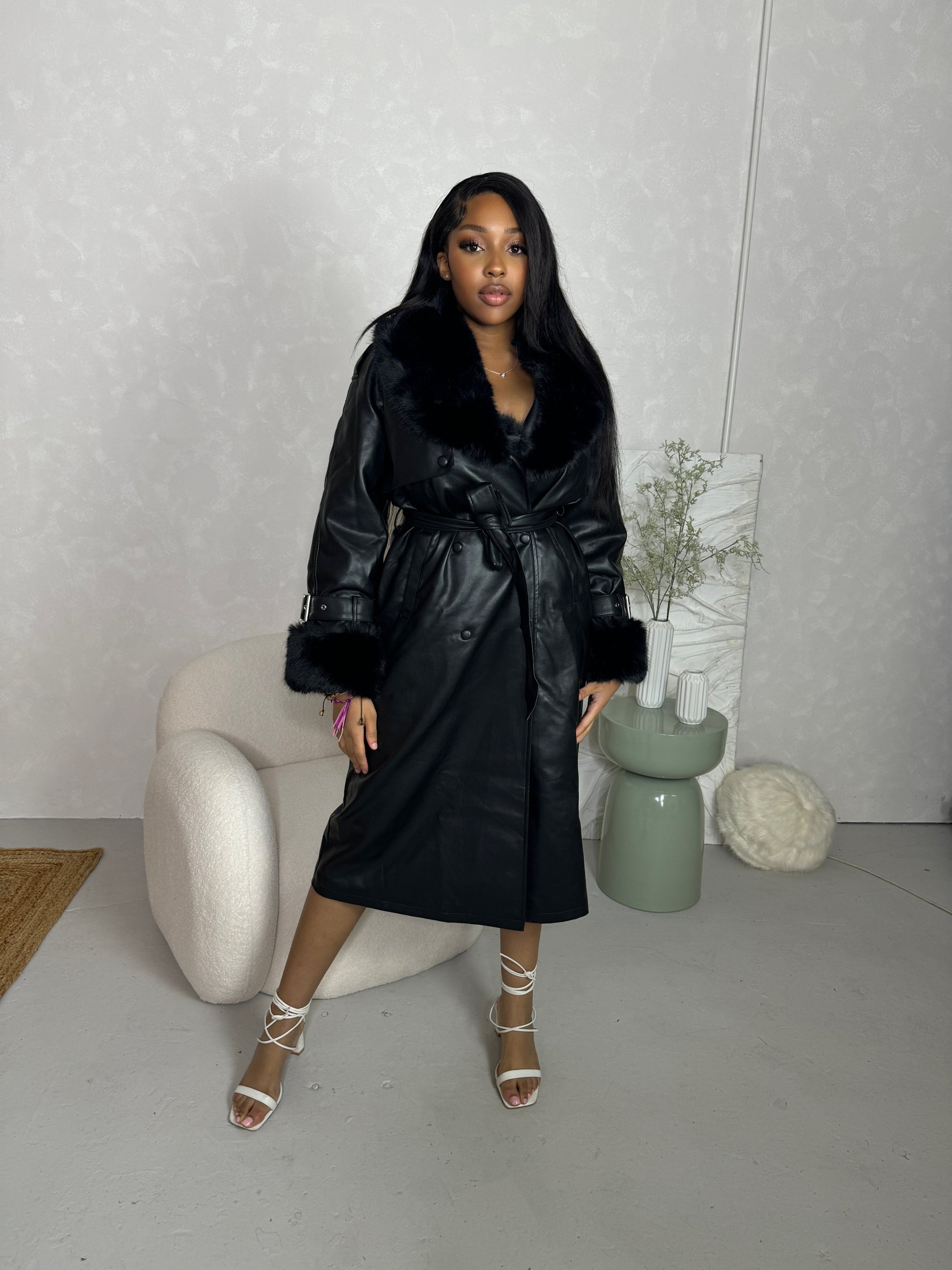 Onyx Faux Leather Trench Coat